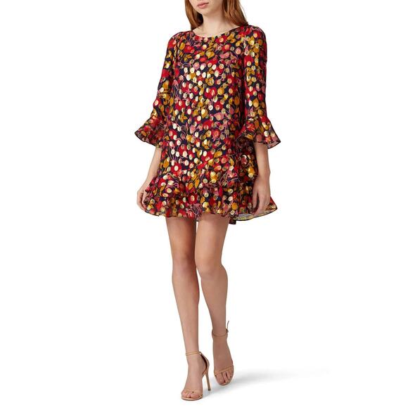 SALONI Dresses & Skirts - Saloni Polka Dot Marissa Mini Dress Ruffle Floral Metallic Silk Blend Size 8
